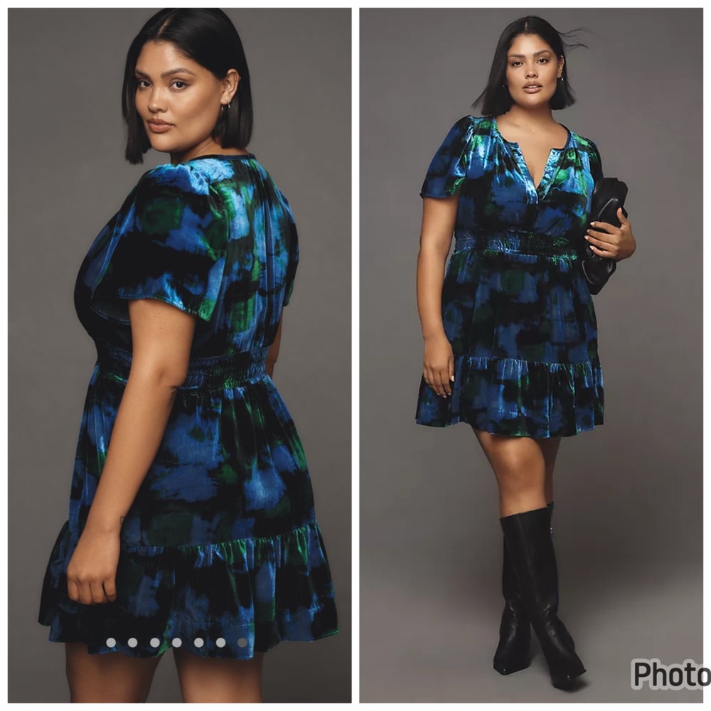 Anthropologie The Somerset Mini Dress‎ Velvet Green Blue 3X